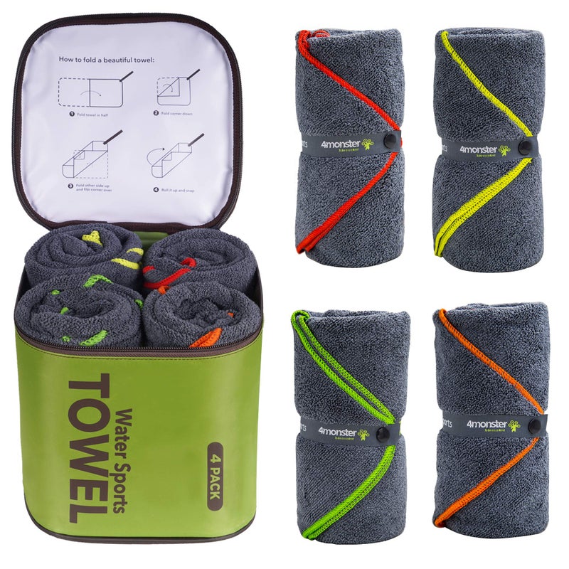 4Monster 4 Pack Microfiber Camping Towel Quick Dry, Super Absorbent Travel Towel with Waterproof Bag, Lightweight Boat Towel for RV, Sport, Gym, Beach, Pool, Swim,Family Trip - Image 1